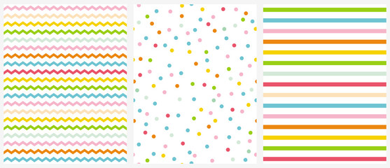 Cute Multicolor Geometric Seamless Vector Patterns. Pink, Blue, Yellow and Green Polka Dots, Tiny Chevron and Vertical Stripes on a White Background. Lovely Vivid Colors Infantile Repeatable Design.  - obrazy, fototapety, plakaty