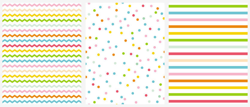 Cute Multicolor Geometric Seamless Vector Patterns. Pink, Blue, Yellow and Green Polka Dots, Tiny Chevron and Vertical Stripes on a White Background. Lovely Vivid Colors Infantile Repeatable Design. 