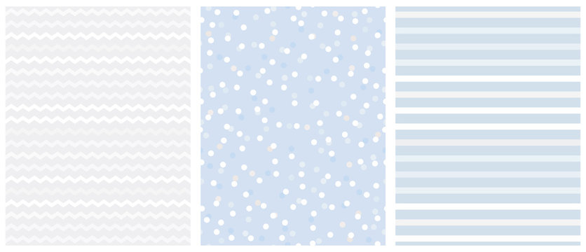 Cute White and Blue Geometric Seamless Vector Pattern Set. Polka Dots and Vertical Stripes on a Light Blue Background. Tiny Chevron on a Light Gray Layout. Lovely Pastel Color Infantile Design. 