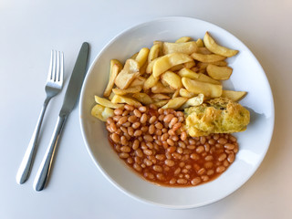 Battered sausage, baked beans and chips