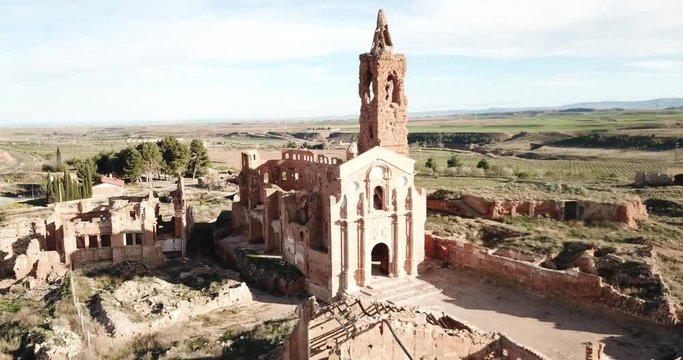 Aerial view of ruins of old historic Spanish village Belchite in province of Zaragoza