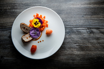 top view two pieces of grilled meat with sweet pepper salad