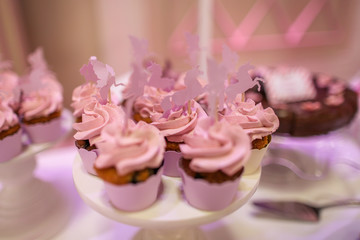 Pink cupcakes on a stand, selective focus