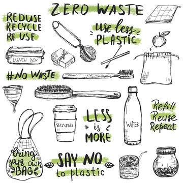 Hand drawn reusable and recycable items, like wooden tooth brush, shopper, water bottle and others