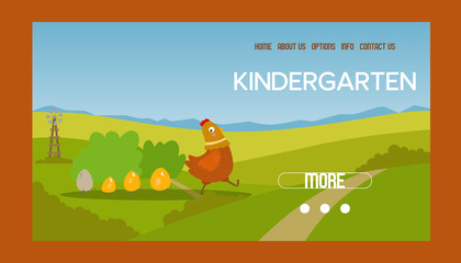 Fototapeta premium Adorable hen and chicks banner vector illustration. Chicken with brood. Cute lovely family of domestic fowl or poultry birds on meadow. Website design of kindergarten. Farming.