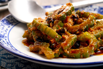 Bitter Melon Stir-Fry. Ginisang Ampalya. Filipino cuisine.