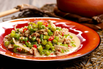 Green Beans Stewed in Spicy Coconut Milk. Gising-Gising. Filipino cuisine.