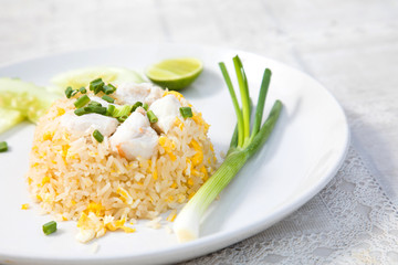 Fried rice with Crab on the wooden table from top view