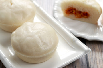 Puto Pao from Philippines. Steamed Rice Buns with Pulled Pork Filling.