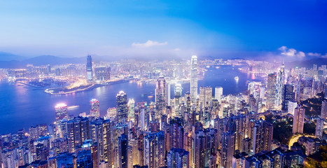 Panoramic image of Hong Kong from Victoria Peak at dusk. Hong Kong, China