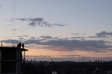 Fototapeta premium Construction crane on the construction site. Under construction concrete building.