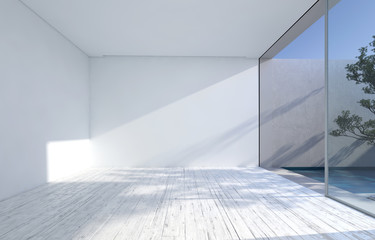Large empty white room with glass wall