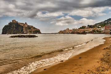 Landmark of Aragonese Castle on Ischia island, Naples Italy