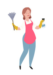 Cleaning woman. The cleaner stands in pink apron. In hands spray and a brush for removal of dust. Character illustration isolated on white background. People vector illustration in flat style.