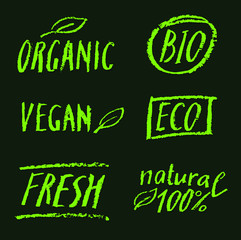 Freehand vector set of bio, eco, organic signs for packaging design