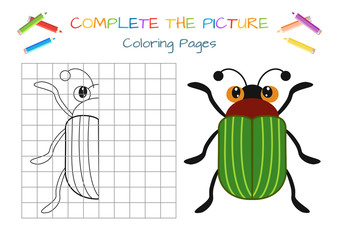 Funny little beetle. Copy the picture. Coloring book. Educational game for children. Cartoon vector illustration