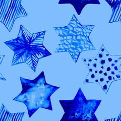 Seamless Watercolor Stars Pattern. Magic Festive Background. Hand Drawn Doodle Stars. Baby Design. Abstract Rapport for Wallpaper, Textile, Linen, Wrapping, Posters, Cards, Banner. New Year, Birthday 