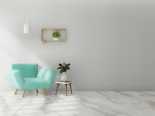 Living room interior wall mock up with sofa, multi-colored pastel and flowers in vase on neutral empty warm white background. 3D rendering.