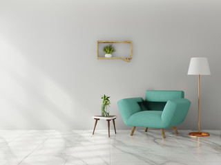 Living room interior wall mock up with sofa, multi-colored pastel and flowers in vase on neutral empty warm white background. 3D rendering.