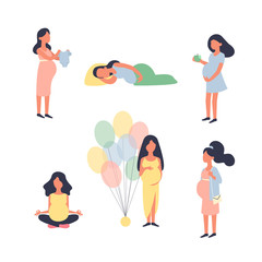 Pregnant woman. Pregnancy vector illustration set. Yoga, walk, sleep, baby shower and other situations. Character vector design.