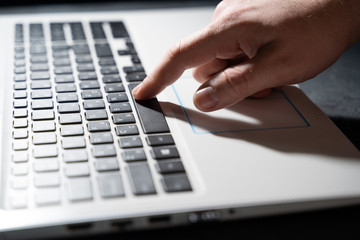 Working at home with laptop woman writing a blog. Female hands on the keyboard