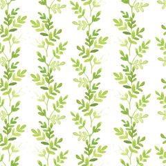 vertical green watercolor leaves pattern with white background