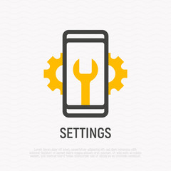 Settings for mobile app thin line icon: wrench and wheels on smartphone screen. Modern vector illustration.