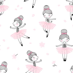 Foto op Plexiglas Meisjeskamer Het leuke patroon van dansende ballerinameisjes. Ballet thema naadloze achtergrond. Eenvoudig schattig meisjesachtig oppervlakteontwerp. Perfect voor meisjesmodestof, textiel, scrapbookingateliers, cadeaupapier inpakken.