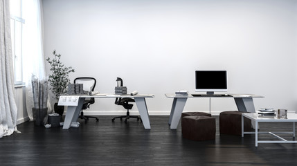 Greyscale image of a modern home office interior
