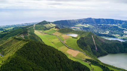 Aerial view of Boca do Inferno lakes in Sete Cidades volcanic craters on San Miguel island, Azores,...