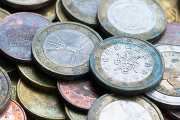 Money coins background. Aged euro coins. Selective focus