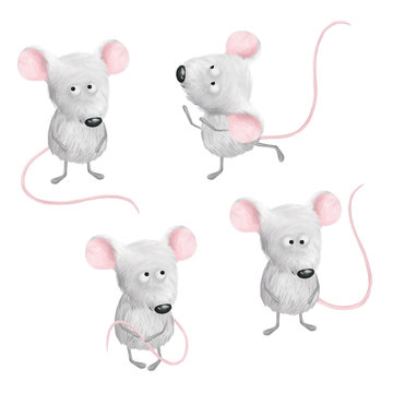 Cute little gray mouses with pink ears and tail, nice positive illustration, clip art, scrapbooking graphic white isolated