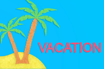 Two palm trees with leaves on yellow island and word vacation cut out from paper on blue table. Top view