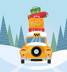 Yellow taxi car back view. Taxi with a stack of luggage on the roof driving through winter snowy forest. Long ride in the suburbs. Cute old car. Vector flat cartoon illustration