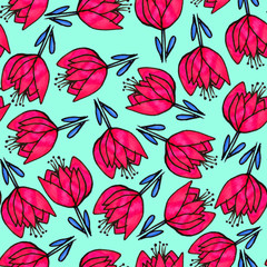 Seamless floral pattern. Flowers painted with markers. Print for fabric and other surfaces