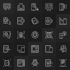Mobile Application Development outline vector concept icons on dark background