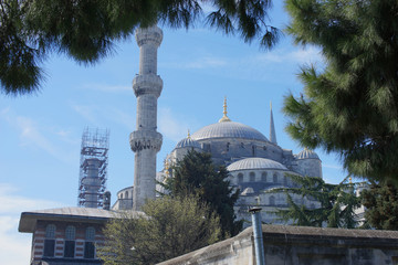 Obraz premium Blue mosque on restoration. Turkey, Istanbul, March 2019.