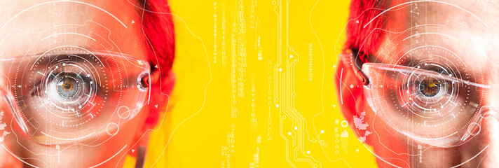 Man and woman looking at virtual graphics. Biometric face detection or retina scan concept © dragonstock