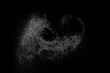 Obraz premium White grainy texture isolated on black background. Dust overlay. Light coloured noise granules. Snow vector elements. Illustration, eps 10.