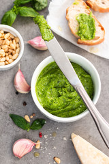 Pesto sauce with ingredients garlic, basil, pine nuts on a neutral grey background