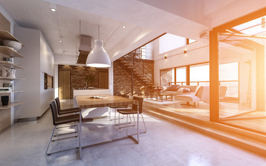 Modern double volume open plan living room