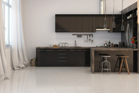 Dark brown kitchen with bar counter