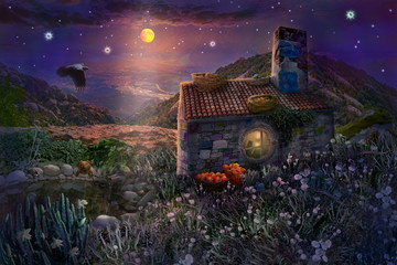 Fairy stone house with nests on roof and pond with frogs in magical forest of starry night with bright moon in sky.