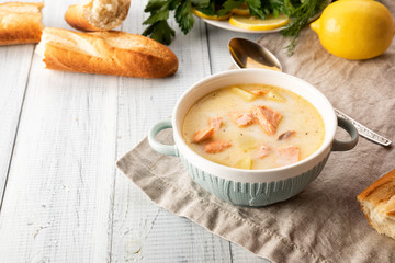 Finnish creamy soup with salmon