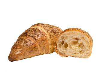 One zaatar croissant and half cut croissant isolated on white background, no shadow