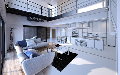 Comfortable living room open plan to kitchen - obrazy, fototapety, plakaty