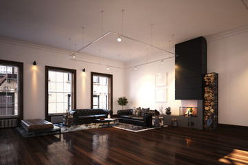 Spacious living room with wooden floor