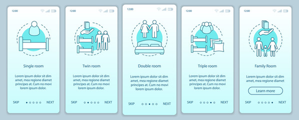 Hotel room types onboarding mobile app page screen vector template