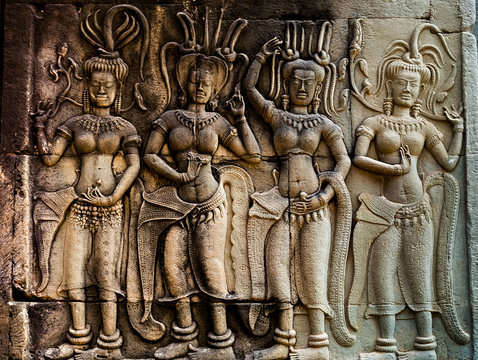 stone carving ancient bas Apsaras and Devatas