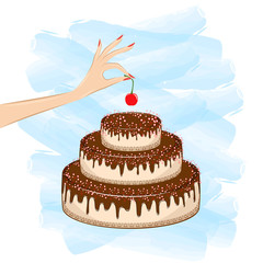 womans hand puts a cherry on top of a cake on the white blue background, square vector illustration